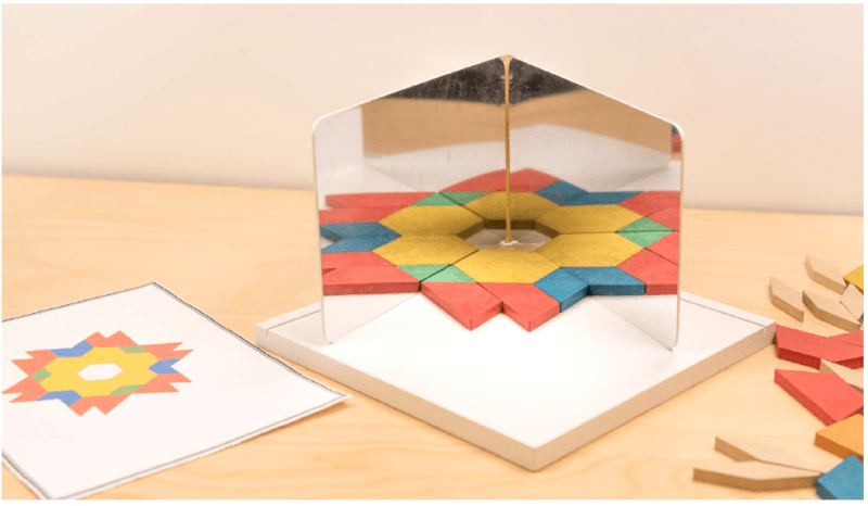 creación de figuras simétricas con los bloques geométricos y un libro de espejos